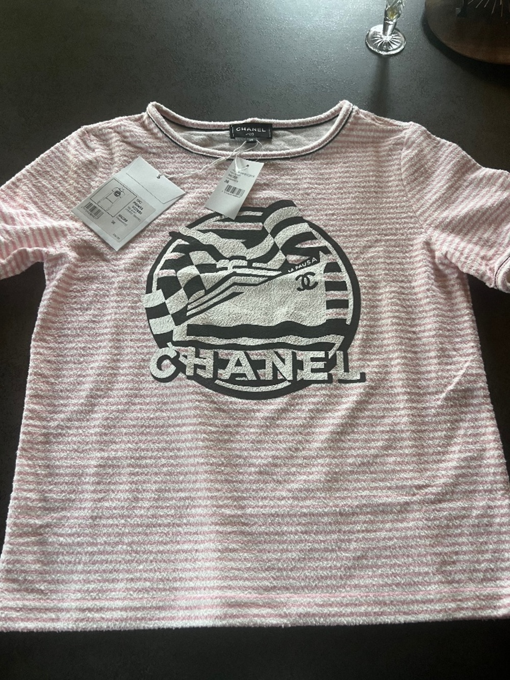 Chanel 19C La Pausa Pink White Striped Terrycloth Tee Size 36 NWT